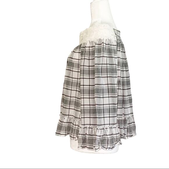 Ann Taylor LOFT Top Blouse Plaid Lace Off-The-Shoulder Top Blouse Size Medium - Picture 2 of 12